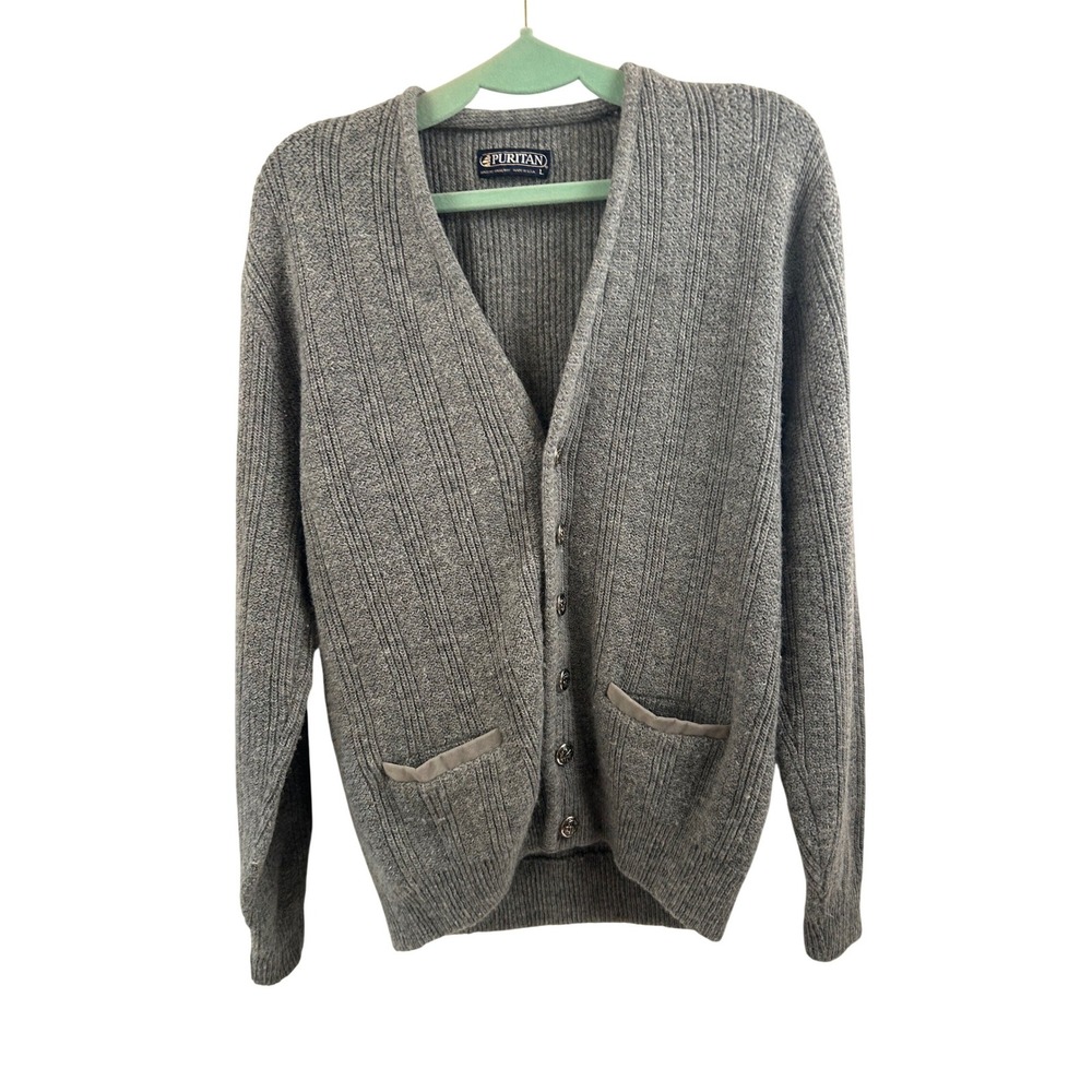 Puritan Cardigan Sweater Large Grandpa USA Cable Knit Wool Blend Mens